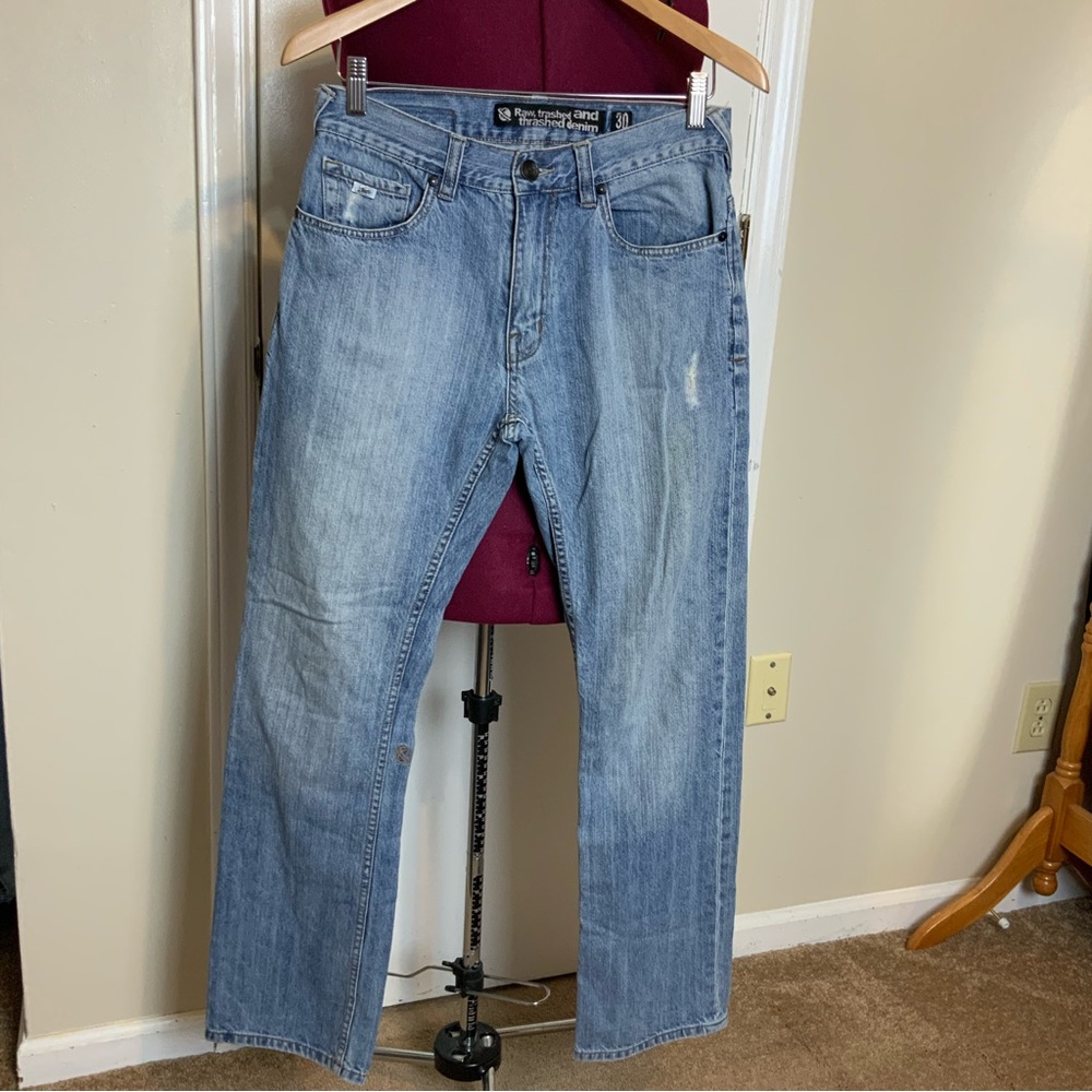 EUC Men’s Raw Trashed Denim light Wash Straight Jeans - Picture 2 of 14